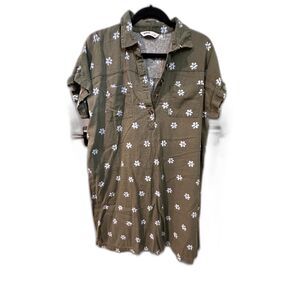 Sonoma Linen Blend Shirt Dress Olive Green Floral Print Size XL